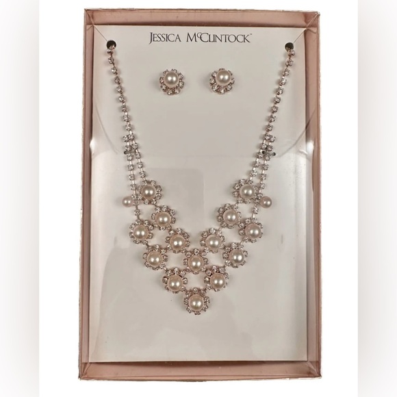 🆕 Jessica McClintock Pearl and Rhinestone Necklace / Earring Set in Gift Box - Picture 1 of 4